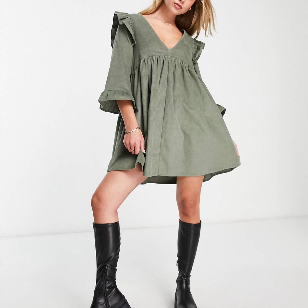 ASOS Olive Green Ruffle Sleeve Mini Dress